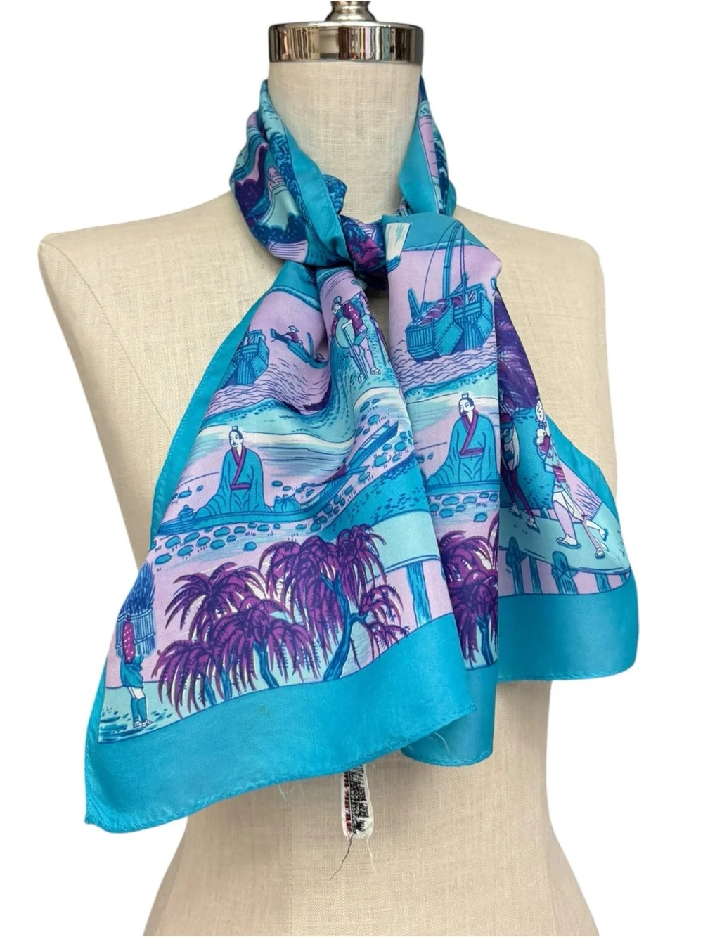 Vintage Asian Scenic Silk Blend Scarf Blue Purple Fishing Town Landscape Scene